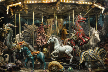A close-up view of an elaborate carousel featuring several intricately detailed mythical creatures, including unicorns and winged horses.の素材