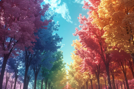 A vibrant, surreal landscape featuring trees with rainbow-colored foliage creating a whimsical and ethereal scene.の素材
