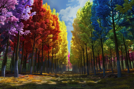 A vibrant rainbow of colors fills the trees of a magical forest, creating a surreal and enchanting scene.の素材