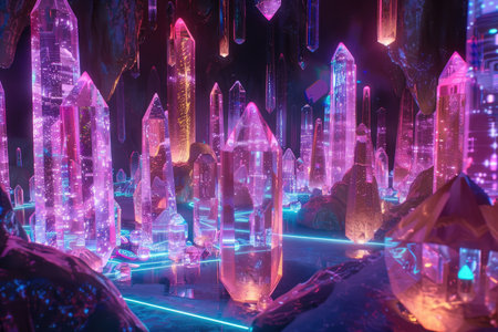 A digital artwork depicting a futuristic city made of glowing crystal towers, with neon lights reflecting off their multifaceted surfaces.の素材