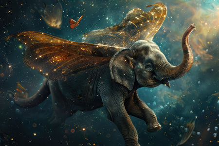 A fantastical image of an elephant with golden butterfly wings flying through a starry night sky.の素材