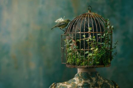 A woman with long dark hair wearing a vintage birdcage filled with greenery and a small bird sitting on the cage.の素材