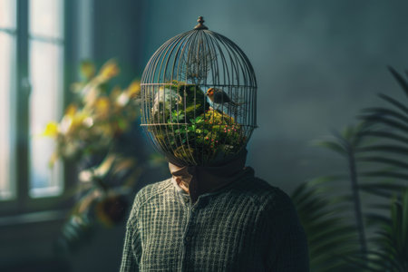 A surreal image of a person with a birdcage over their head,  filled with vibrant greenery and a small bird,  suggesting a concept of  trapped freedom or the beauty found in confinement.の素材