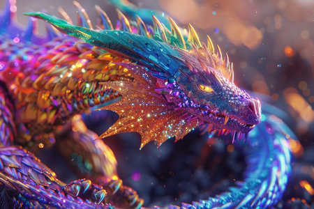 A digital illustration depicting the head of a dragon with iridescent scales and a fierce expression.の素材