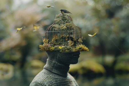 A surreal image of a man with a miniature forest inside a birdcage on his head.の素材