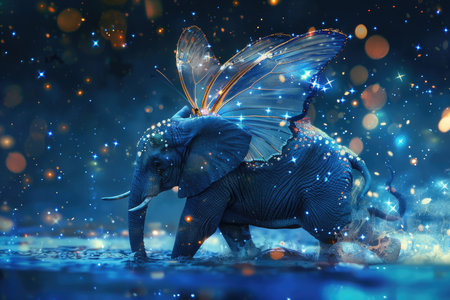 A fantastical image of a blue elephant with sparkling butterfly wings walking through water against a backdrop of a starry, watery night sky.の素材