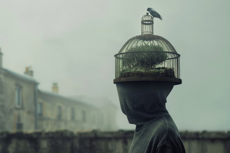 A hooded figure with a birdcage on their head, featuring a plant and a bird, set against a foggy backdrop.の素材