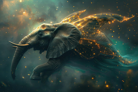 A digitally rendered image of an elephant with golden wings flying through a starry night sky.の素材