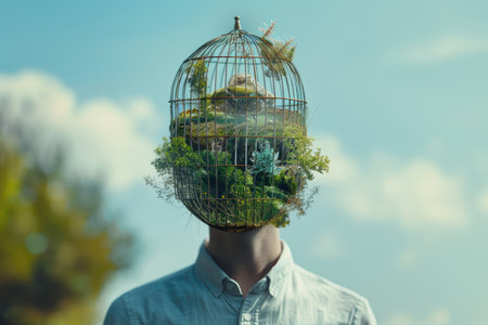 A surreal image of a man with a birdcage head, filled with lush greenery.の素材