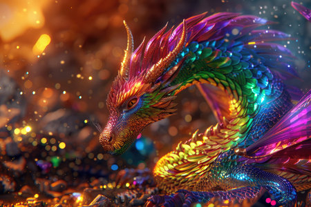 A close-up portrait of a majestic rainbow dragon with golden scales, set against a blurry backdrop of glittering light.の素材
