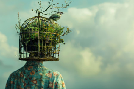 A person wearing a birdcage as a hat, with a bird perched on top and greenery growing inside.の素材
