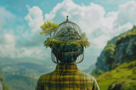 A person wearing a cage over their head containing a miniature landscape.の素材