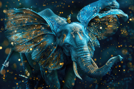 A majestic teal elephant with gold glitter and butterflies amidst a dreamy, nighttime setting.の素材