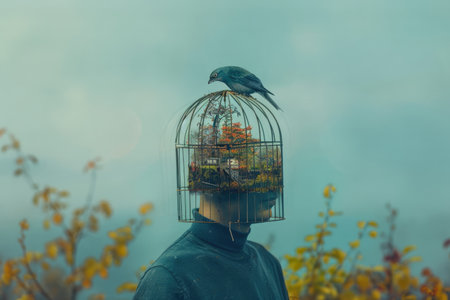 A surreal image of a man with a birdcage over his head, containing a miniature forest and a bird perched on top.の素材