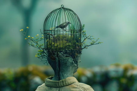 A person with a birdcage growing from their head, a bird inside, surrounded by greenery.の素材