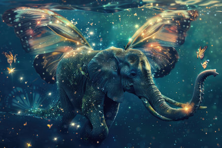 A digital illustration of a majestic elephant with butterfly wings, surrounded by sparkling stars and butterflies in a dreamy blue and green sky.の素材