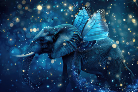 A digital painting of an elephant with large, blue butterfly wings set against a sparkling blue night sky.の素材