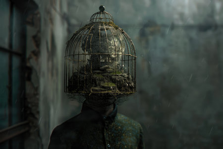 A person with a miniature landscape inside a birdcage on their head, standing outdoors on a foggy day.の素材