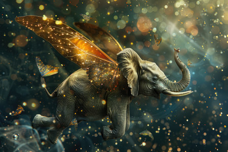 A majestic elephant with golden wings soars through a dreamy, sparkling sky, embodying a sense of freedom and wonder.の素材