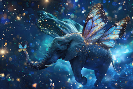 A surreal and fantastical image of a blue elephant with butterfly wings and a smaller butterfly flying nearby.の素材