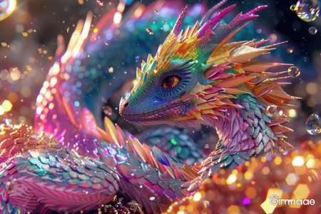 A close-up view of a fantastical, iridescent dragon with a golden eye.の素材