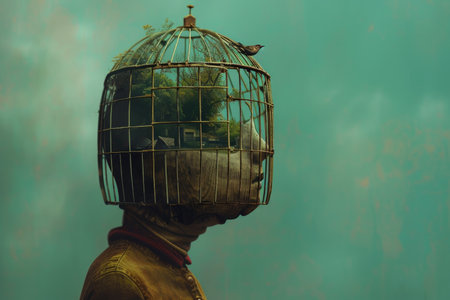 A surreal image of a person&#39;s head trapped within a cage, containing a miniature landscape.の素材