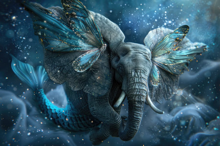 An illustration of a fantasy creature with the body of an elephant, wings of a butterfly, and a mermaid tail, swimming in a ethereal setting.の素材