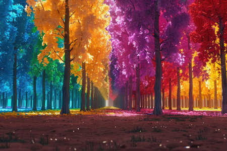 A digital illustration depicting a forest pathway with rows of trees in various vibrant colors.の素材