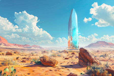 A tall, blue, crystalline tower stands in a desert landscape under a bright blue sky with puffy clouds.の素材