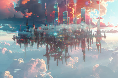 A digital illustration depicting a city suspended upside down among fluffy clouds against a pastel sunset sky.の素材