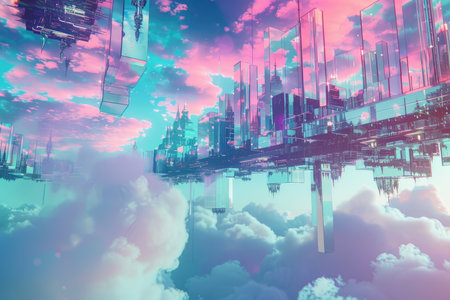 An upside-down cityscape reflected in a mirrored surface, floating amongst pastel-colored clouds.の素材