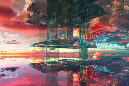 A stylized image of a glass skyscraper reflecting in a dramatic pink and blue sunset sky.の素材