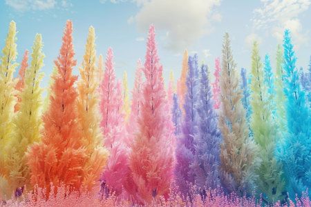 A surreal, pastel forest with a dreamy, whimsical atmosphere.の素材