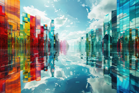 A digitally-created, artistic depiction of a modern city reflected in a tranquil pool of water. The glass skyscrapers have a bright, colorful, and geometric pattern.の素材