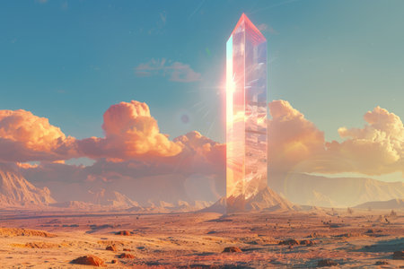 A tall crystal tower stands in a desolate desert landscape, bathed in warm sunlight with fluffy clouds overhead.の素材