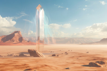A tall crystal tower stands in a vast desert landscape under a hazy, sunlit sky.の素材