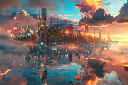 A digitally rendered cityscape, with its reflection in a body of water, set against a colorful sunset sky.の素材