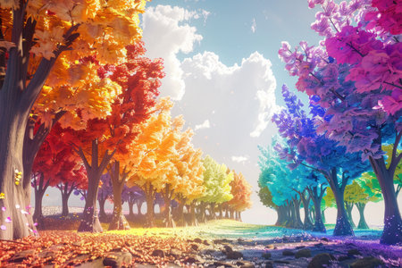 A digital illustration showcasing a surreal forest with a vibrant rainbow of trees and a dreamlike atmosphere.の素材