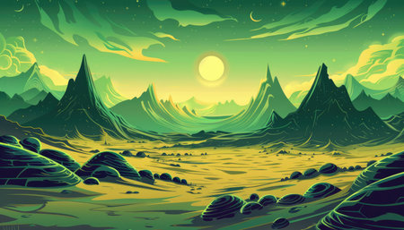 Vector illustration of an alien planet landscape, with green and yellow colors, in a flat design style, digital art style, high resolution, high detail, digital airbrushing, vector graphics, high quality, high contrast, high sharpness, cinematic lighting, atmospheric perspective, depicting a sunrise, with green mountains in the background and the sun setting behind the mountain peaks. In the foreground, there is a wide valley with black rocks and yellow sand, covered in green vegetation. The sky has some clouds, with the sun shining through them. --ar 7:4 --v 6 Job ID: b70f23dc-ef69-4208-8ab4-223ee7bc7444の素材