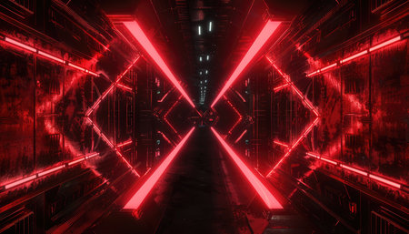 A futuristic, red neon corridor in a dark, geometric space.の素材