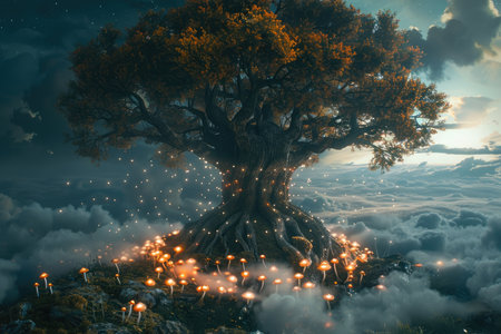 A large tree with glowing lights emanating from its roots and trunk, surrounded by luminous mushrooms in a misty night sky.の素材