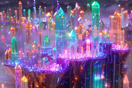 A digital illustration of a futuristic city composed of glowing crystal towers, emanating vibrant colors.の素材