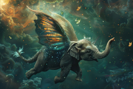 A digitally-painted image of an elephant with butterfly wings soaring through a starry sky.の素材