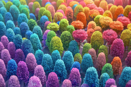 A digital illustration of a forest filled with colorful, fuzzy trees, creating a whimsical and surreal atmosphere.の素材