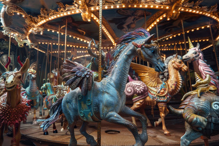 A detailed image of a blue horse with wings on a carousel, with the horse&#39;s head and body in focus, and the rest of the carousel blurred.の素材