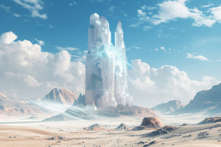 A tall, crystal-like tower stands in a desolate desert landscape with a bright blue sky and white clouds.の素材
