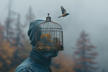 A person wearing a birdcage with a small tree inside, a bird flying above in a misty forest.の素材