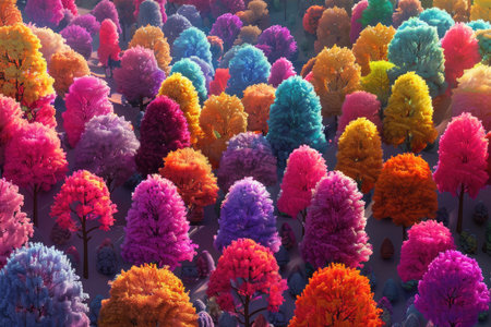 An abstract aerial view of a fantasy forest with vibrant, colorful trees.の素材
