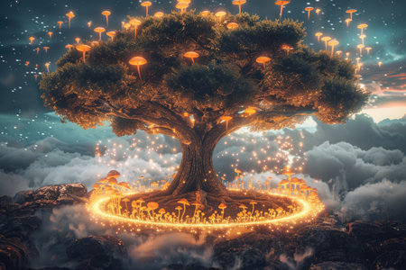 A large tree with glowing mushrooms around its base in a mystical night sky.の素材