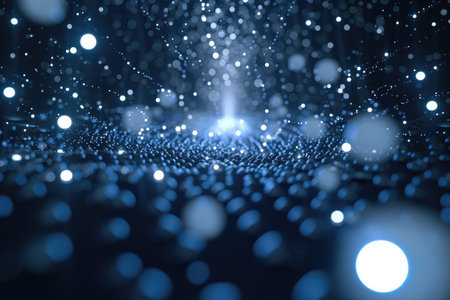 A blue and white abstract bokeh background with bright lights and a field of blurry circles.の素材